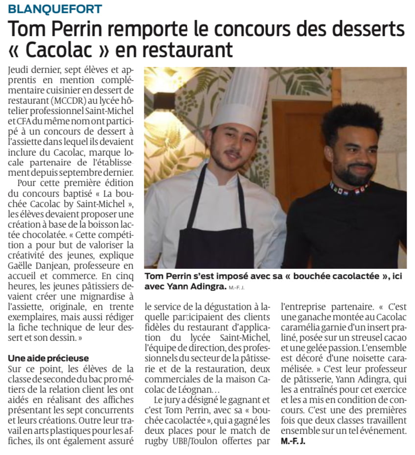Tom Perrin remporte le concours des desserts "Cacolac" en restaurant