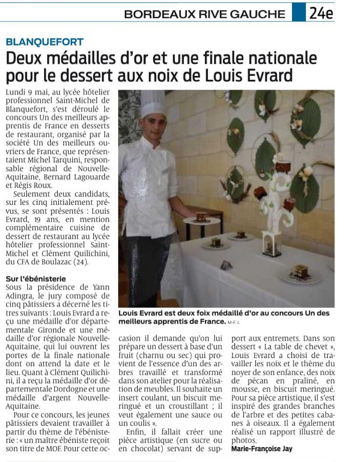Deux médailles d'or et une finale nationale pour le dessert aux noix de Louis Evrard
